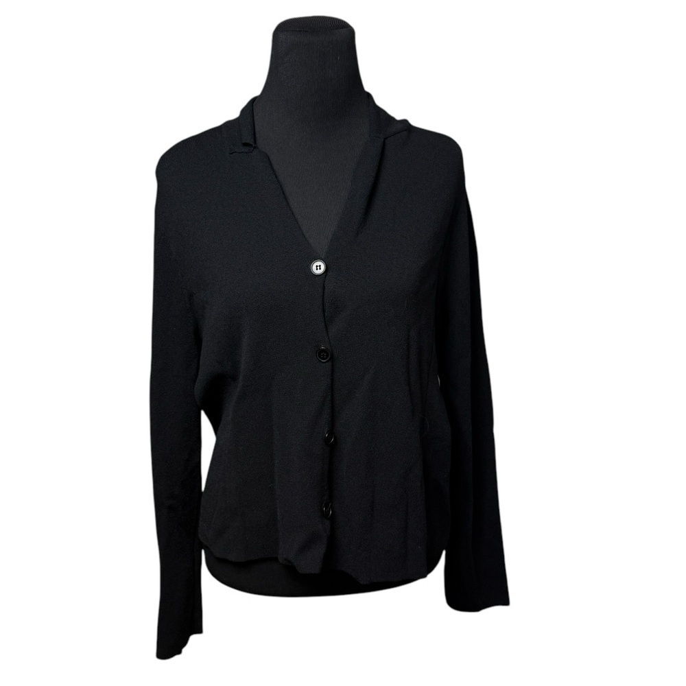 Black Collared Button Up Cardigan Jones New York SZ L Nylon Rayon Basic Staple